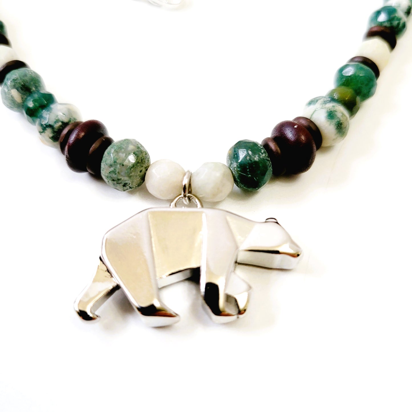 raw moss agate bear necklace