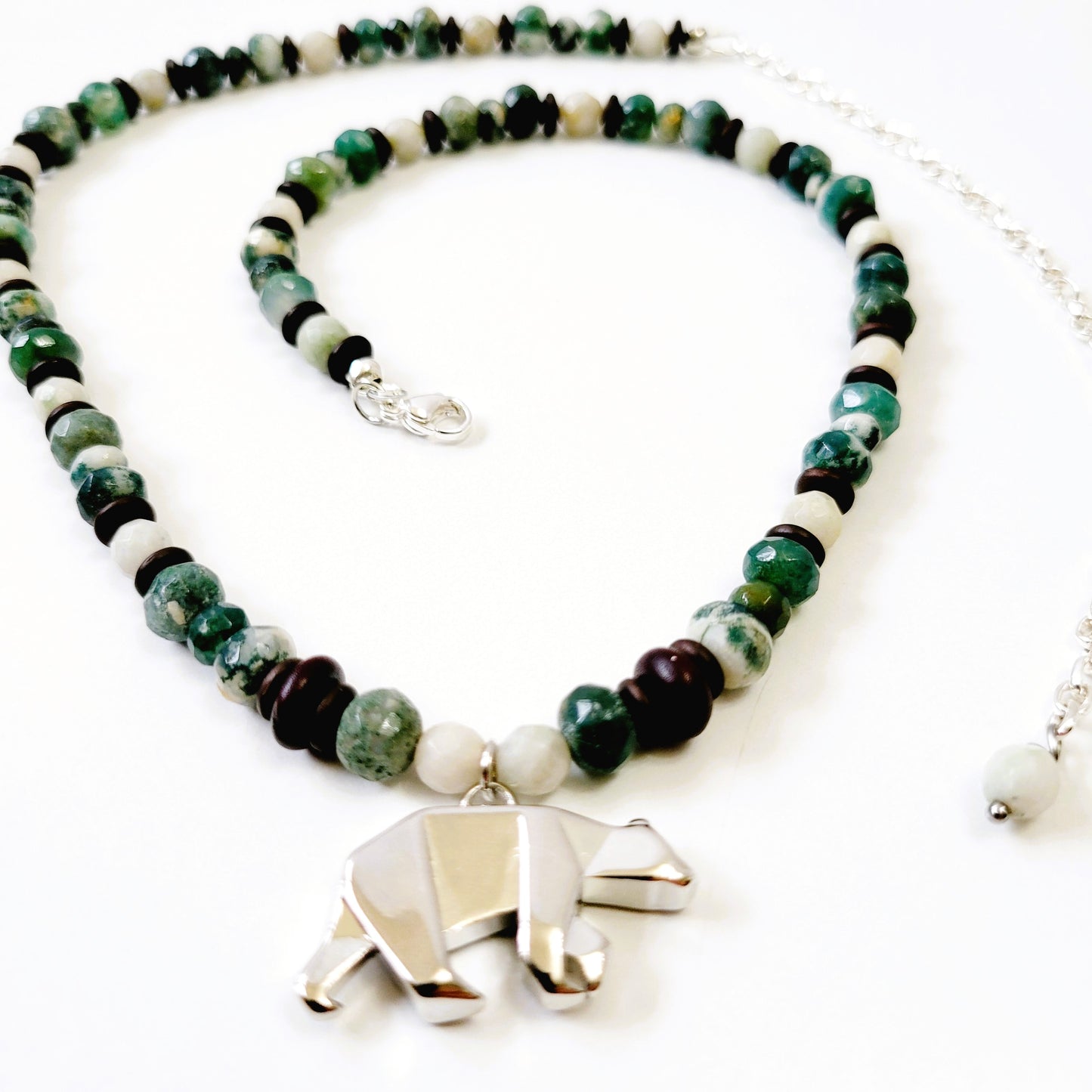 raw moss agate bear necklace