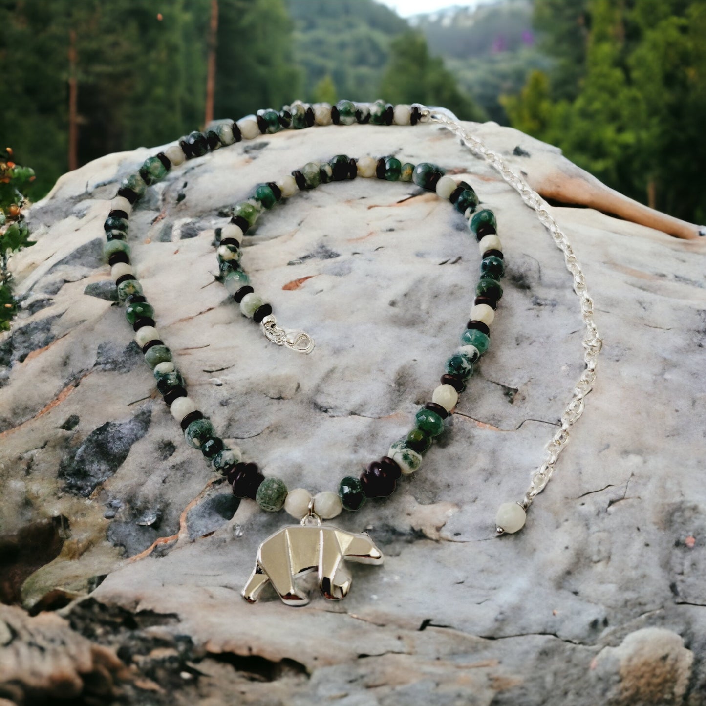 raw moss agate bear necklace