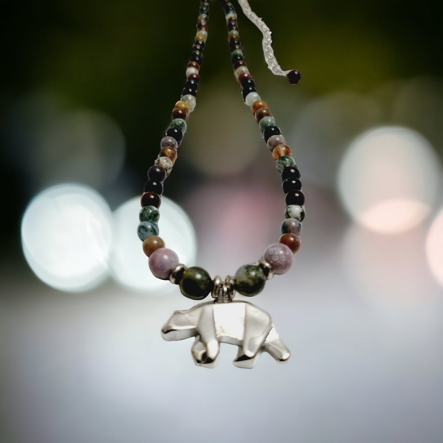 raw Indian agate bear necklace